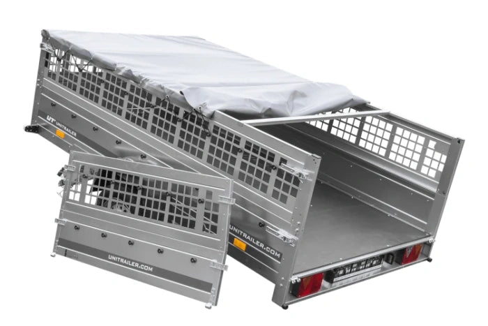 Leichter Anhänger auf Blattfedern 264×150 UNITRAILER GARDEN 265/R KIPP mit Gitterwänden, H-0 Rahmen und grauer Plane-Neu