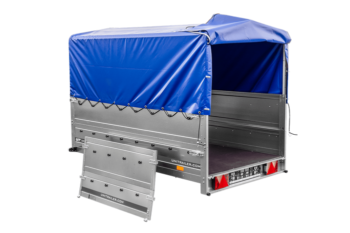 PKW-Anhänger 230×125 UNITRAILER GARDEN 230 FD mit BIS-Bordwänden, H-800-Gestell und blauer Plane-Neu