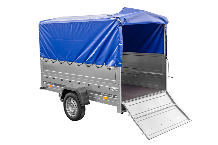 PKW-Anhänger 230×125 UNITRAILER GARDEN 230 FD mit BIS-Bordwänden, H-800-Gestell und blauer Plane-Neu