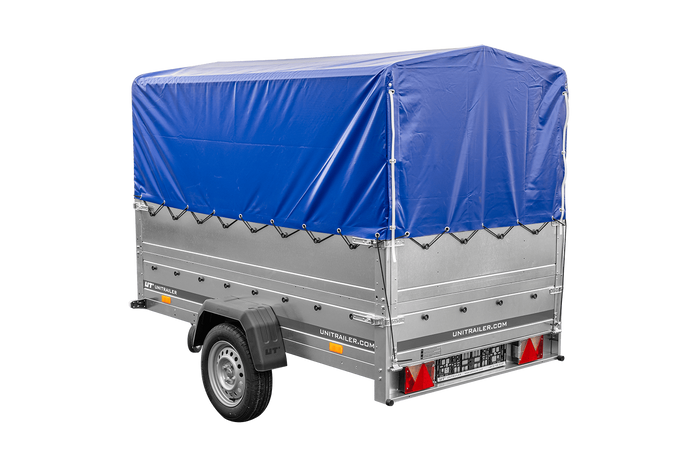 PKW-Anhänger 230×125 UNITRAILER GARDEN 230 FD mit BIS-Bordwänden, H-800-Gestell und blauer Plane-Neu