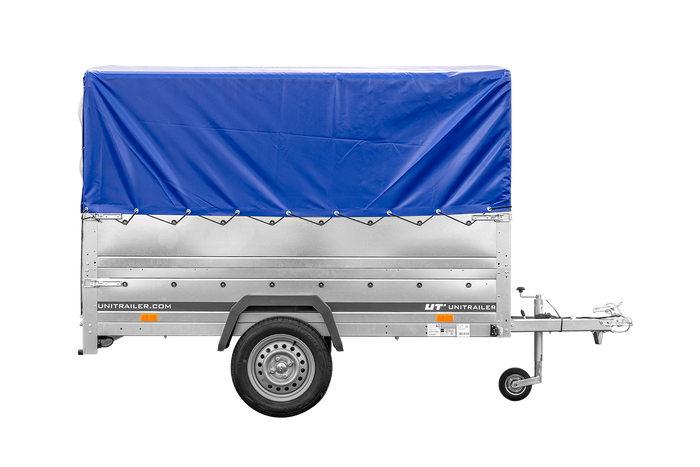 PKW-Anhänger 230×125 UNITRAILER GARDEN 230 FD mit BIS-Bordwänden, H-800-Gestell und blauer Plane-Neu