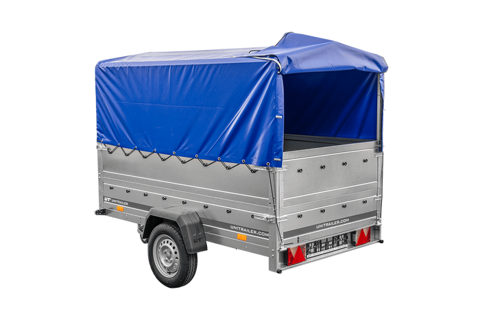 PKW-Anhänger 230×125 UNITRAILER GARDEN 230 FD mit BIS-Bordwänden, H-800-Gestell und blauer Plane-Neu