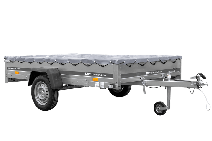 PKW Anhänger 264×150 UNITRAILER GARDEN 265 KIPP mit Flachplanenträger und grauer Plane-Neu