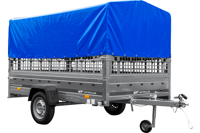 PKW-Anhänger 264×150 UNITRAILER GARDEN 265 KIPP mit Gitteraufsatz, Hochspriegel H-800 und blauer Plane-Neu