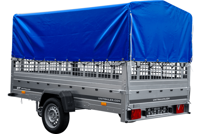 PKW-Anhänger 264×150 UNITRAILER GARDEN 265 KIPP mit Gitteraufsatz, Hochspriegel H-800 und blauer Plane-Neu