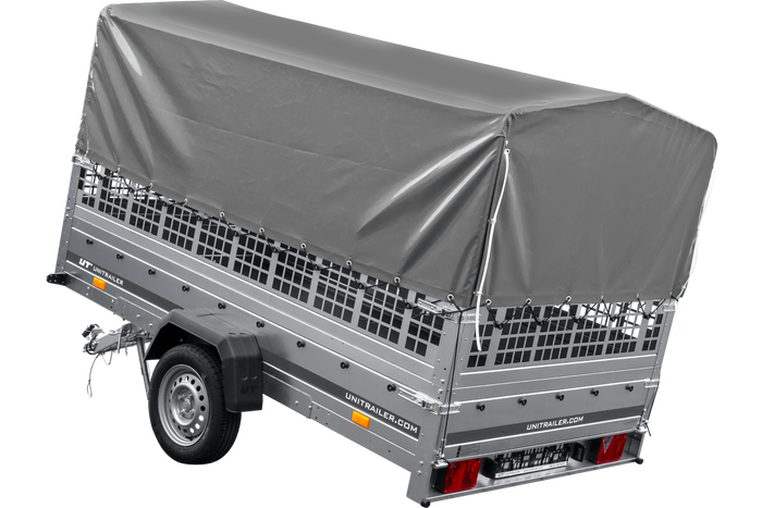PKW-Anhänger 264×150 UNITRAILER GARDEN 265 KIPP mit Gitteraufsatz, Hochspriegel H-800 und grauer Plane-Neu