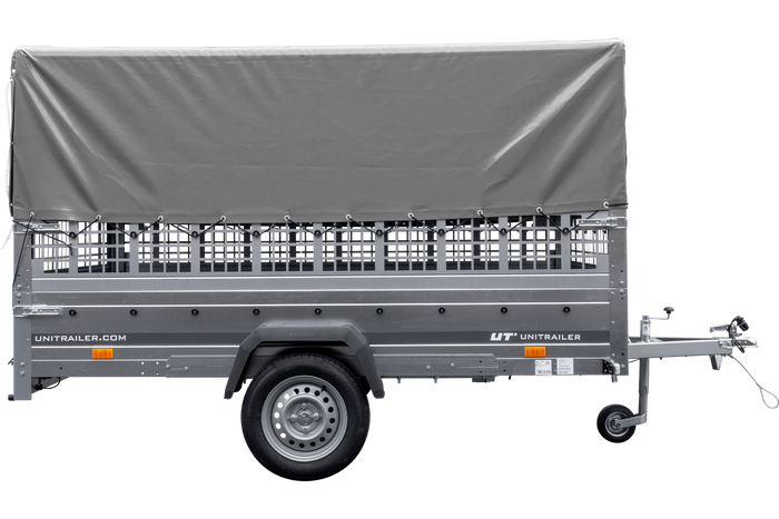 PKW-Anhänger 264×150 UNITRAILER GARDEN 265 KIPP mit Gitteraufsatz, Hochspriegel H-800 und grauer Plane-Neu