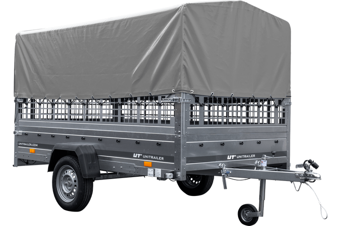 PKW-Anhänger 264×150 UNITRAILER GARDEN 265 KIPP mit Gitteraufsatz, Hochspriegel H-800 und grauer Plane-Neu