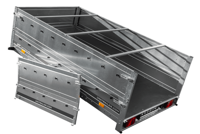 PKW-Anhänger 264×150 UNITRAILER GARDEN 265 KIPP mit zusätzlichen Bordwänden, H-0-Rahmen und grauer Plane-Neu