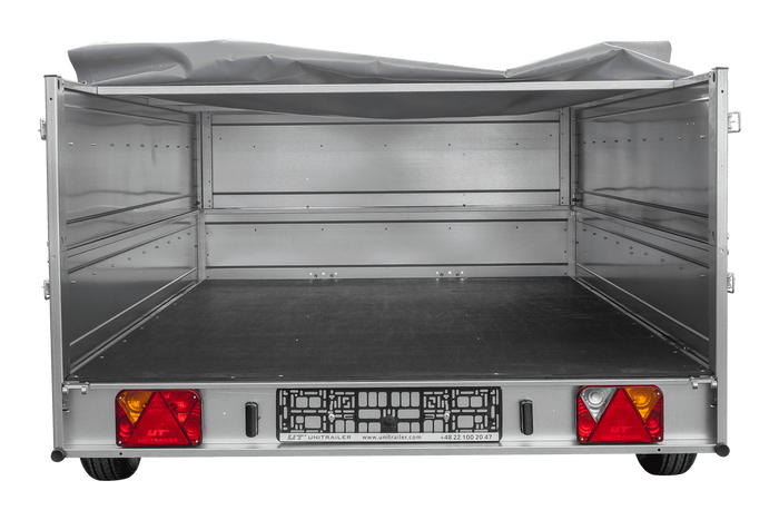 PKW-Anhänger 264×150 UNITRAILER GARDEN 265 KIPP mit zusätzlichen Bordwänden, H-0-Rahmen und grauer Plane-Neu