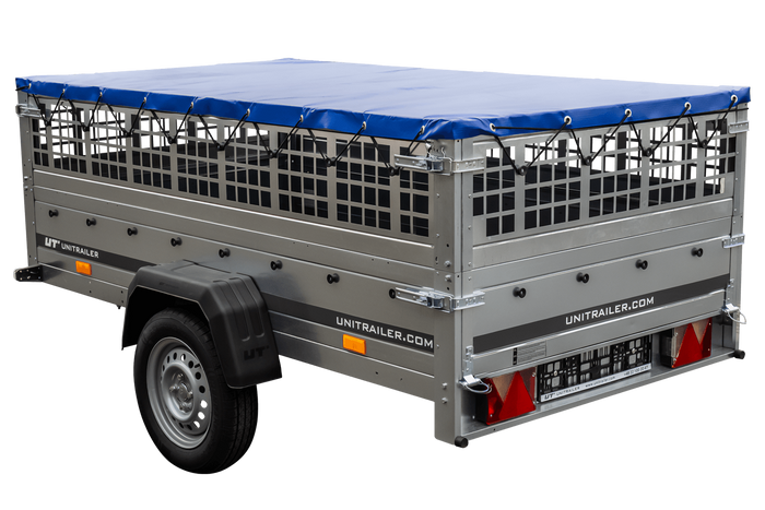 Pkw Transport Anhänger 230×125 Garden Trailer 230 KIPP mit Laubgitteraufsatz, blauer Flachplane, Planenträgern und Stützrad-Neu