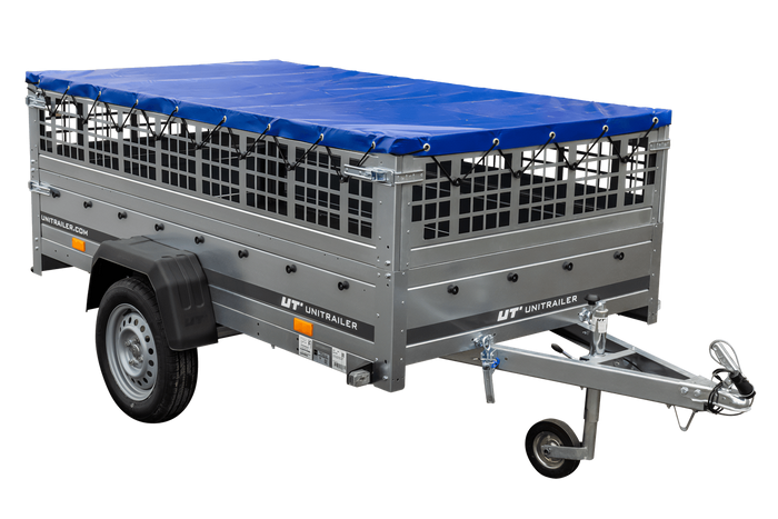 Pkw Transport Anhänger 230×125 Garden Trailer 230 KIPP mit Laubgitteraufsatz, blauer Flachplane, Planenträgern und Stützrad-Neu