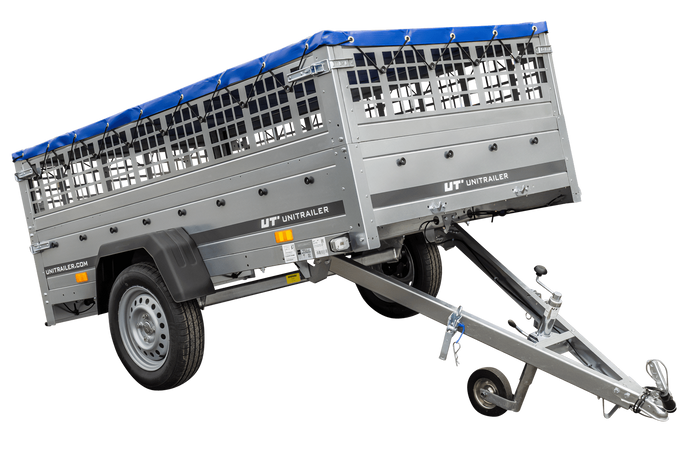 Pkw Transport Anhänger 230×125 Garden Trailer 230 KIPP mit Laubgitteraufsatz, blauer Flachplane und Stützrad-Neu
