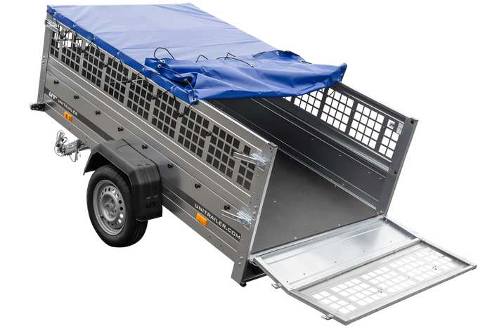 Pkw Transport Anhänger 230×125 Garden Trailer 230 KIPP mit Laubgitteraufsatz, blauer Flachplane und Stützrad-Neu