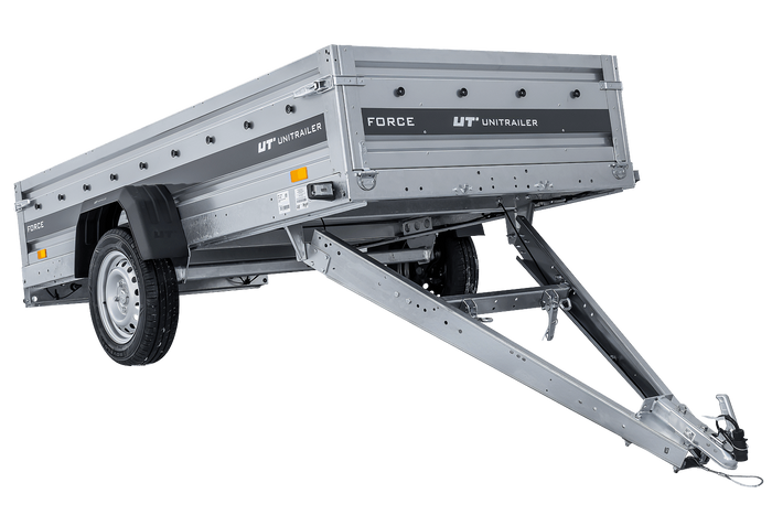 Autotransportanhänger 264×125 UNITRAILER FORCE 264 KIPP mit Gitterwänden, H-800 Rahmen und blauer Plane-Neu