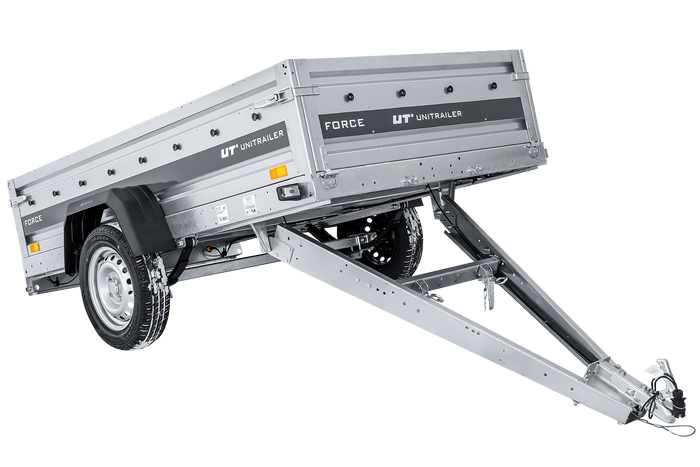 Autotransportanhänger auf Federn 230×125 UNITRAILER FORCE 230/R KIPP mit BIS-Seitenwänden, H-0-Rahmen und blauer Plane-Neu